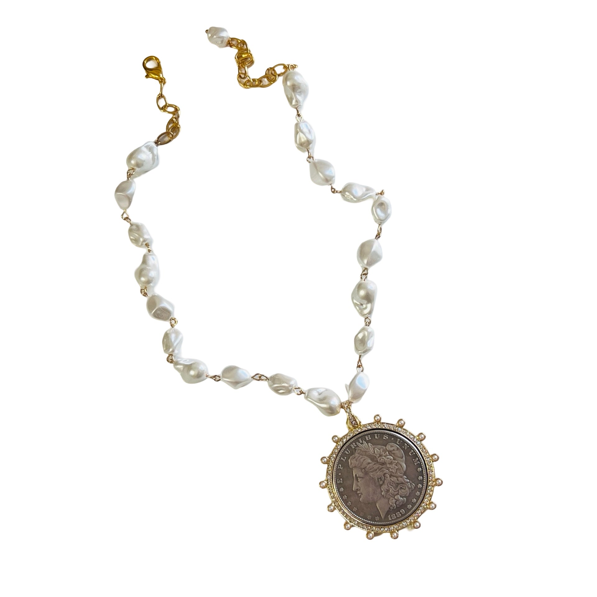 Lady Morgan Coin Necklace with Glass Pearl Chain