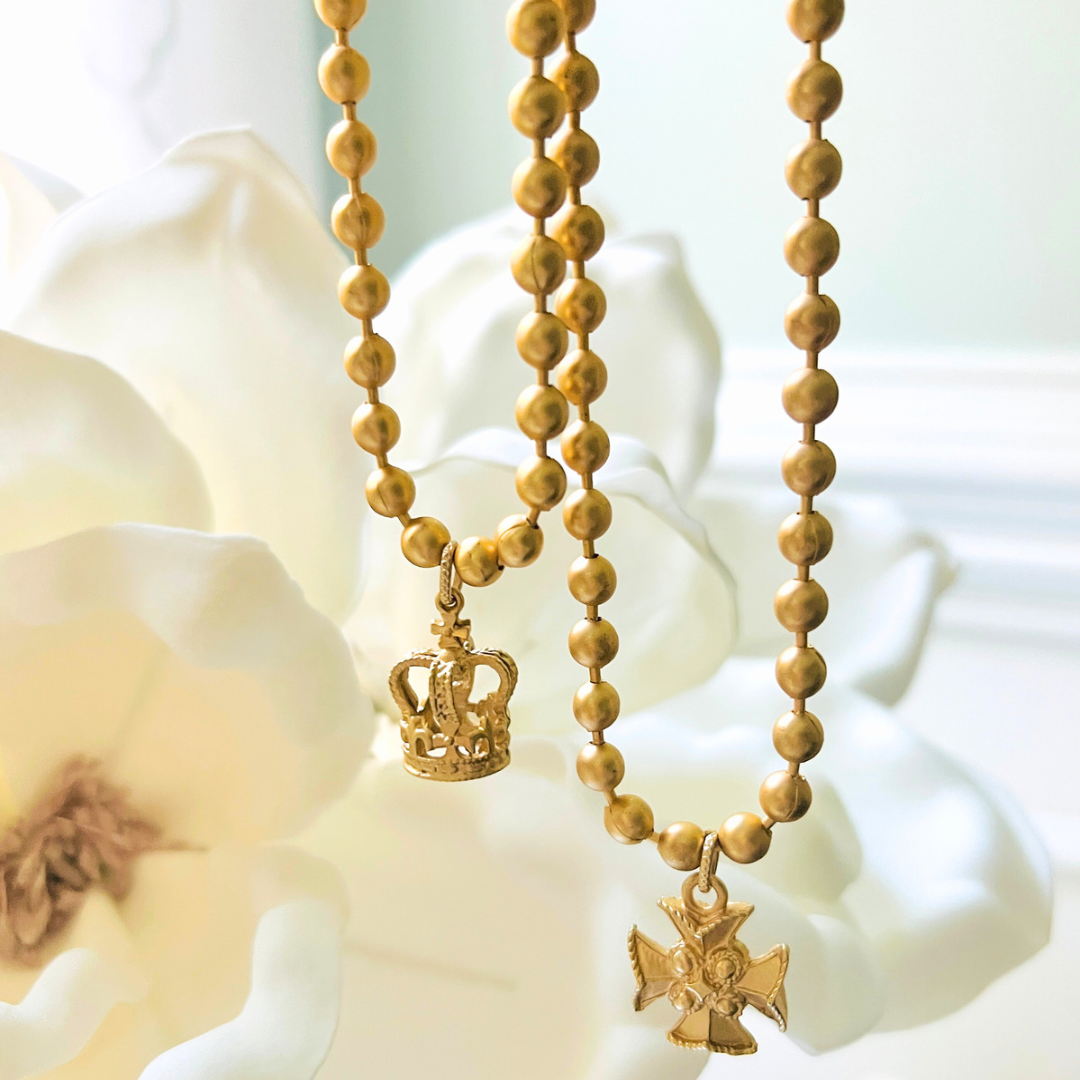 Matte Gold Ball Chain Choker with Crown or Templar Cross Pendants