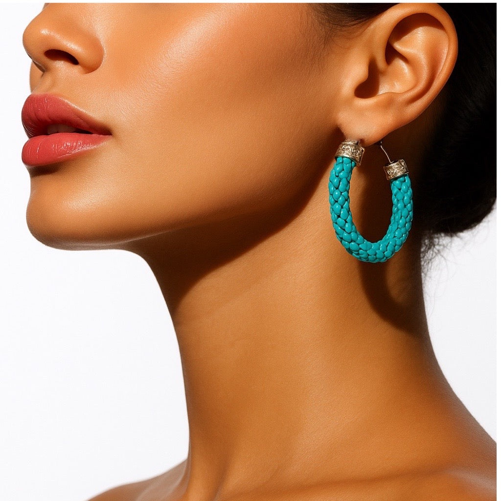 Turquoise Blue Textured Hoop Earrings