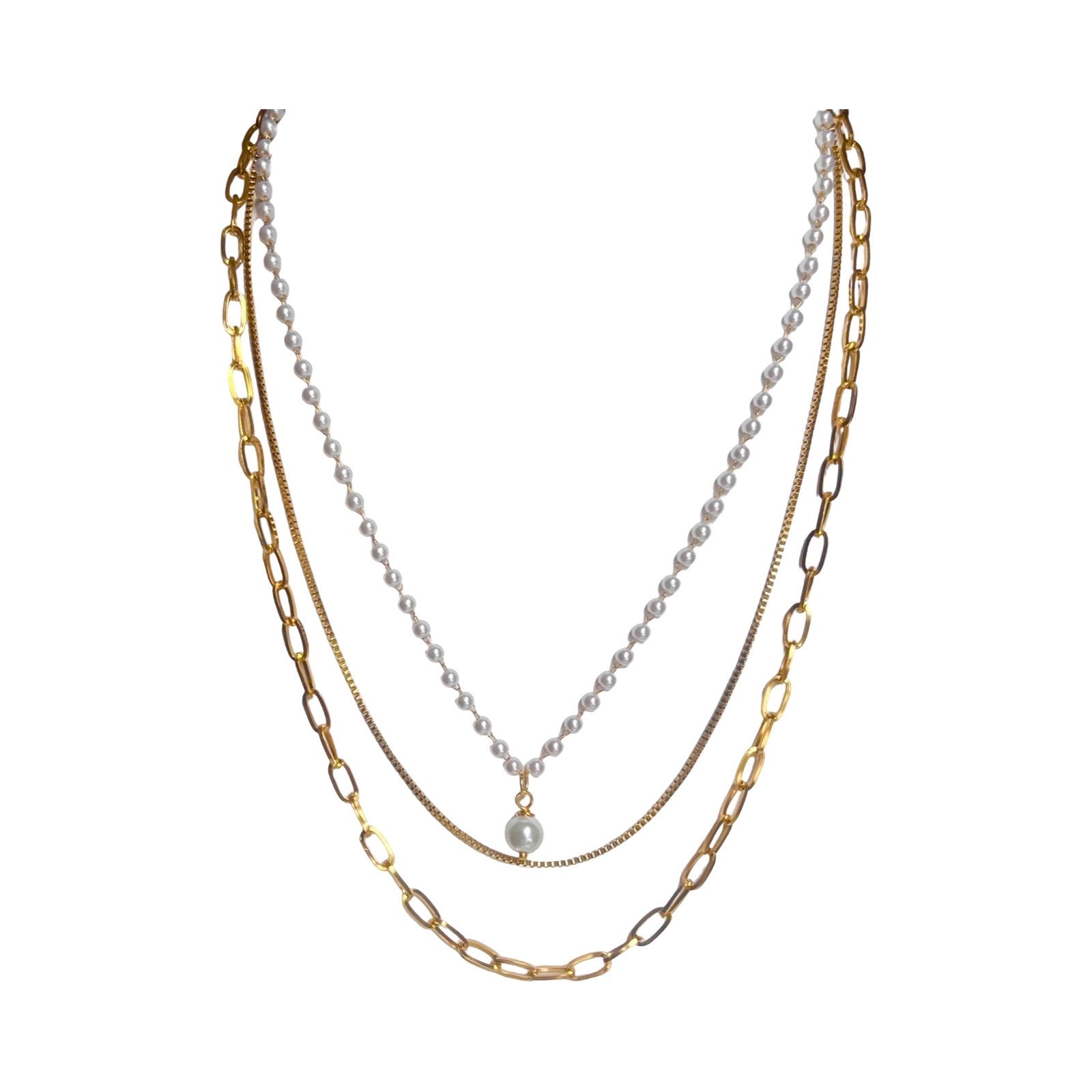 Three Strand Gold and Pearl Necklace