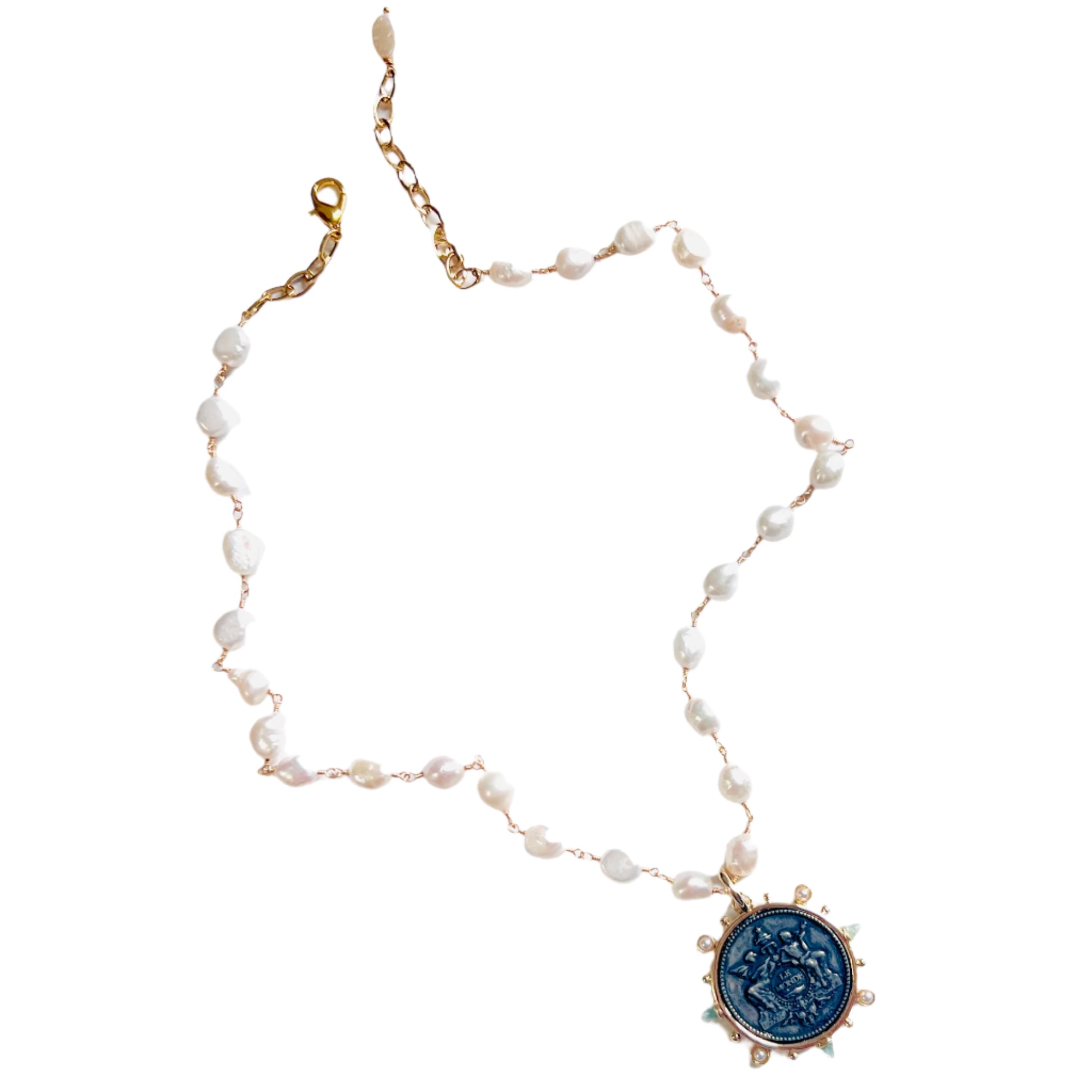 Le Monde Long French Coin and Freshwater Pearl Necklace