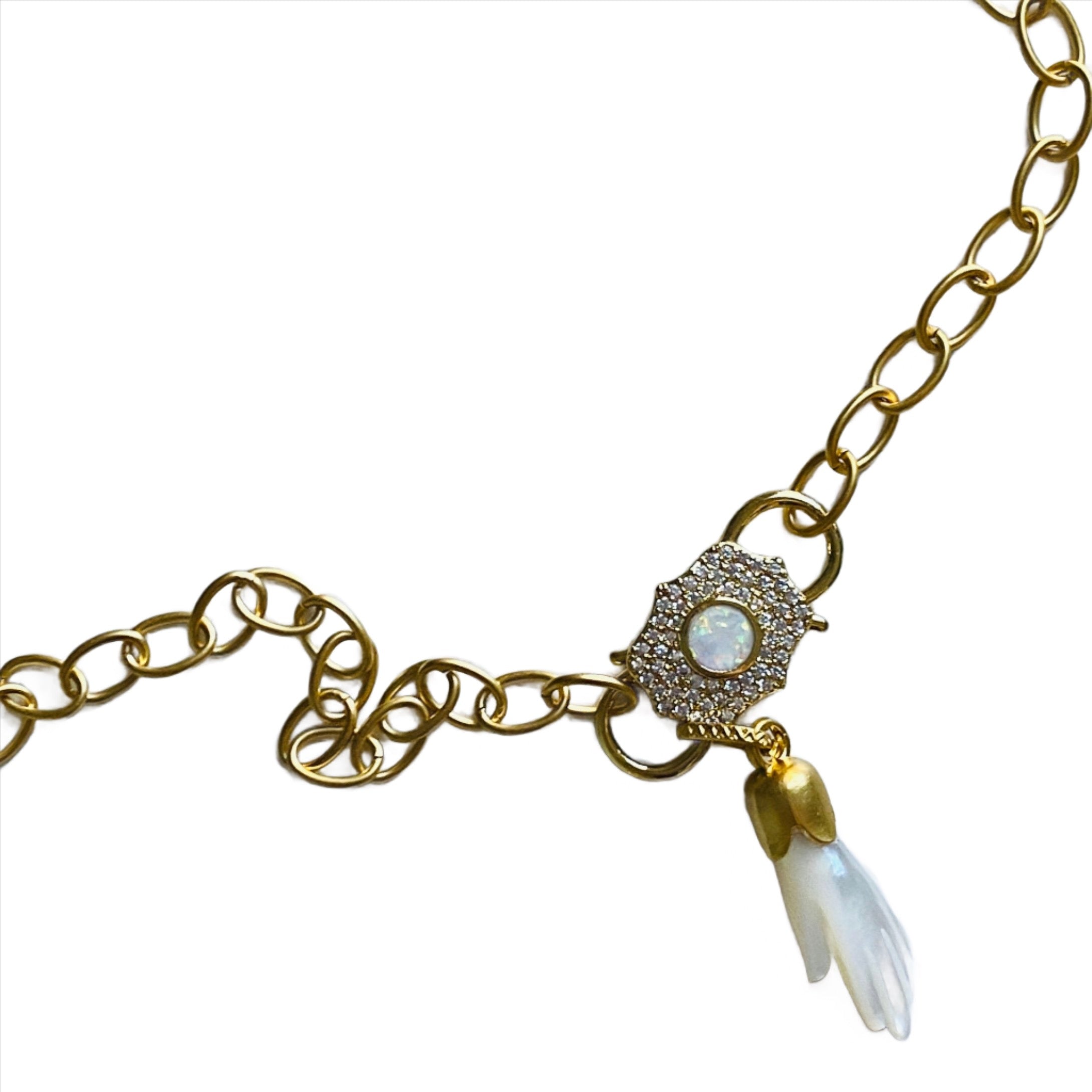 Carved Mother of Pearl Hand Double Padlock Necklace