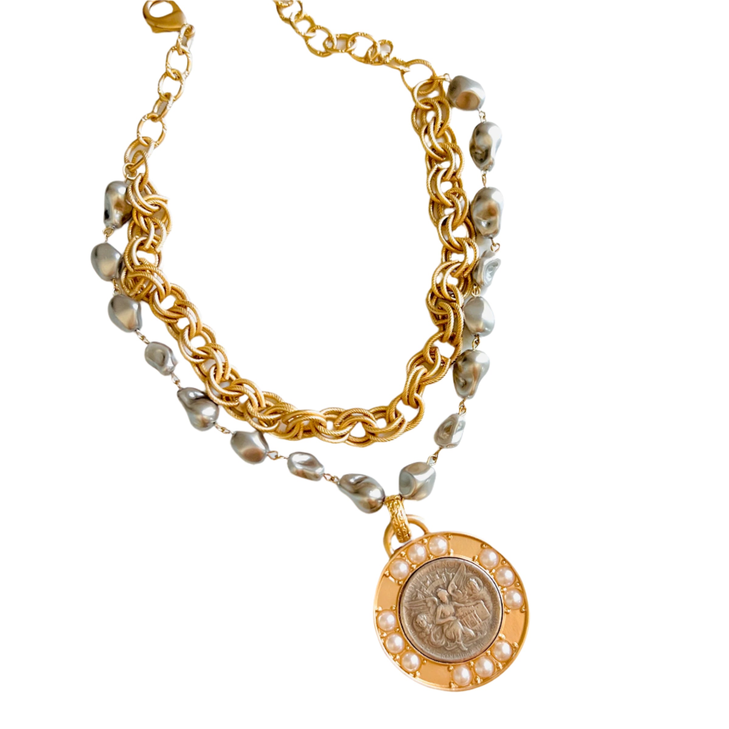 Rochelle Silver Glass Pearl and Gold Double Strand Pendant Necklace