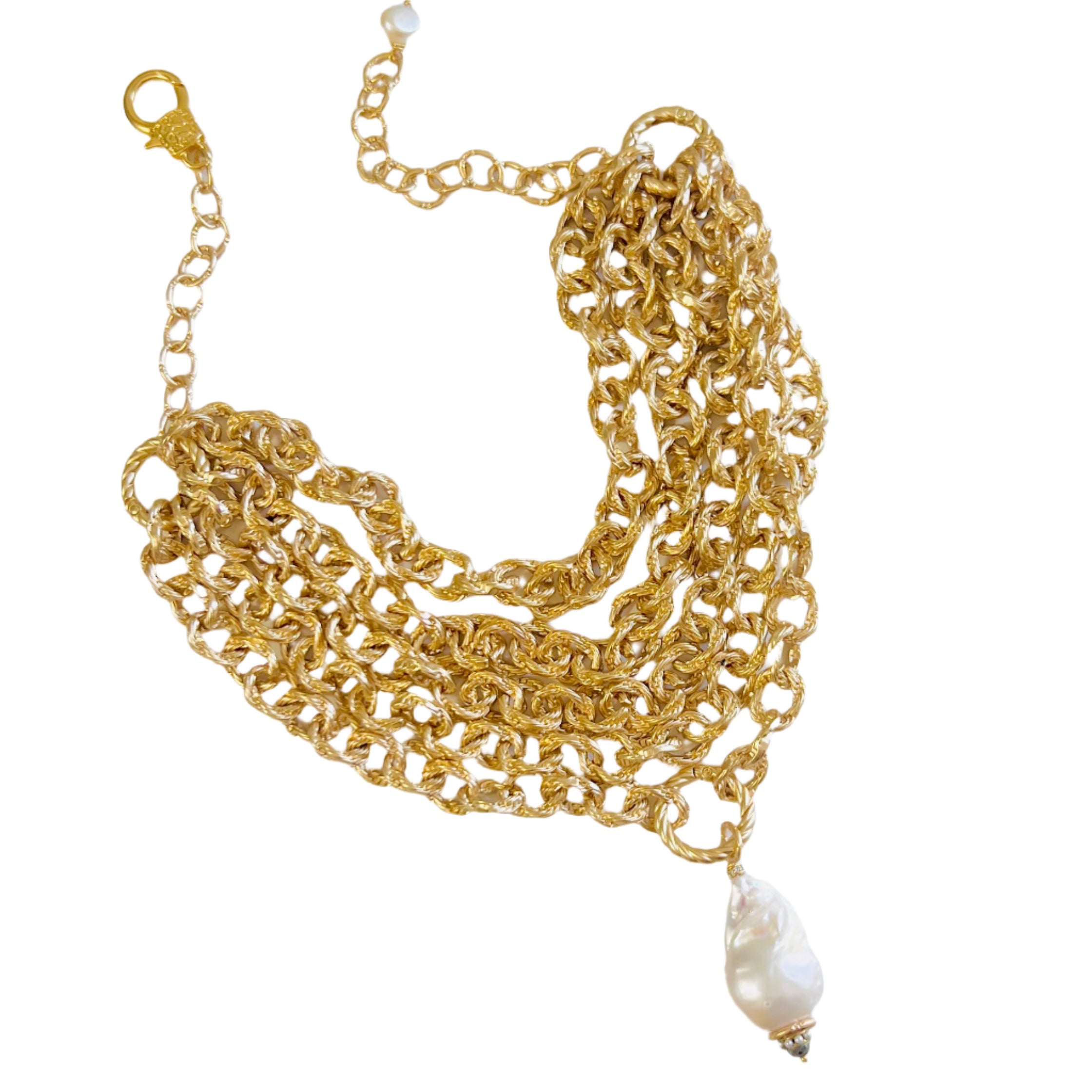 Maxine Five Strand Gold Statement Necklace with Large Baroque Pearl