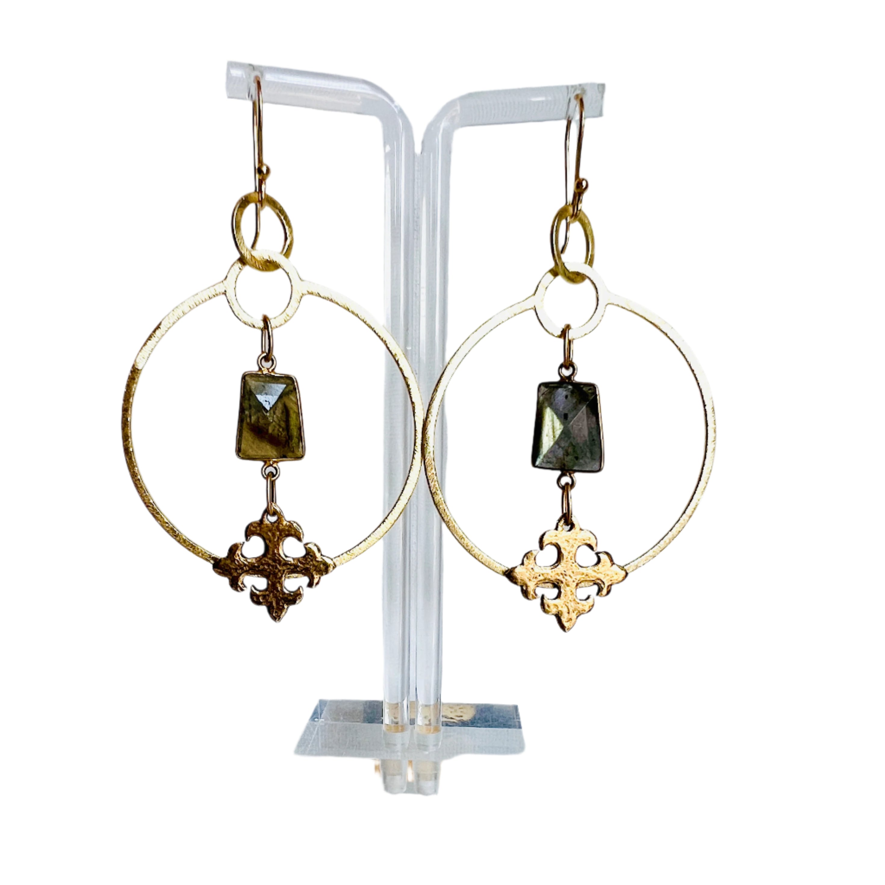 Gold Labradorite Cross Hoop Earrings