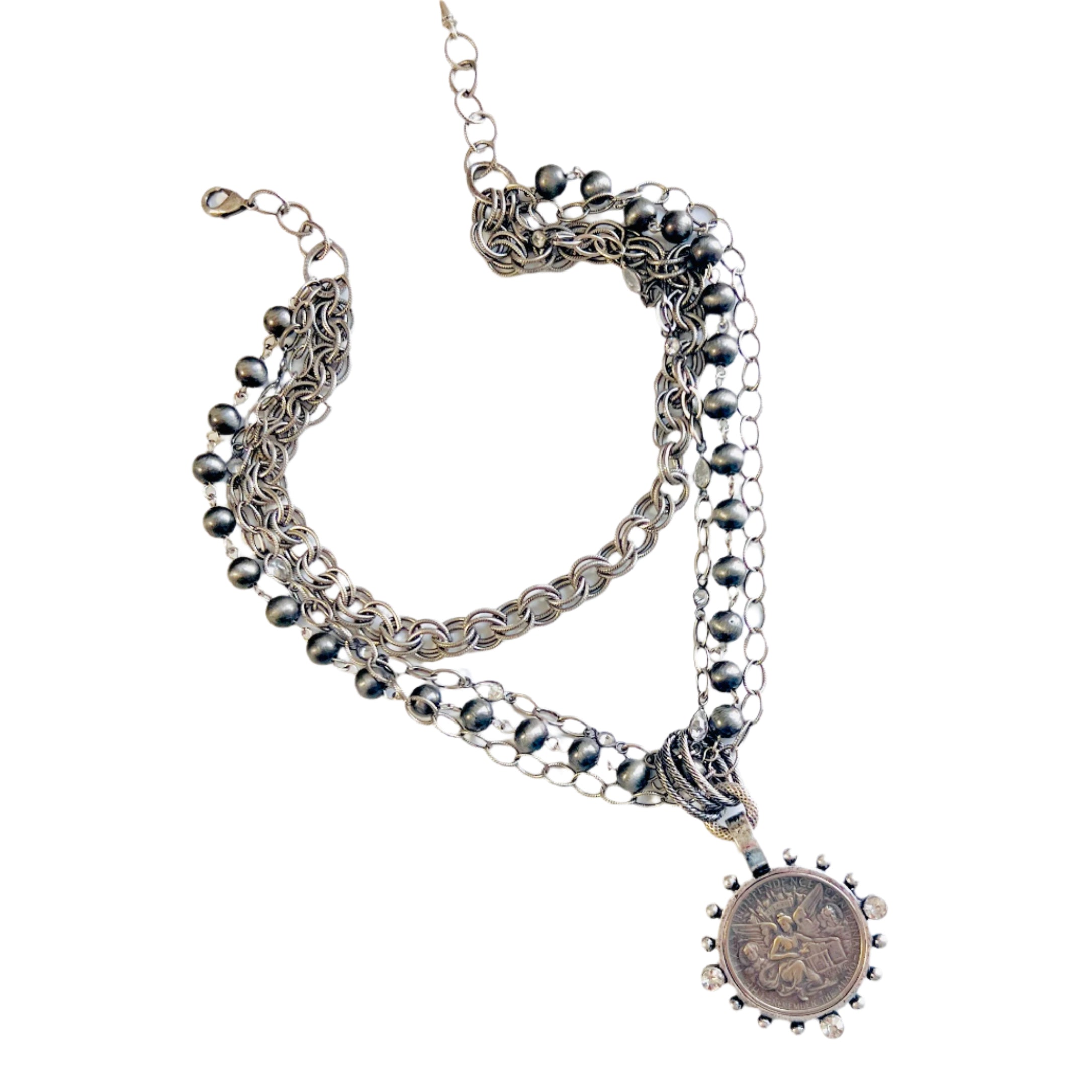 Alamo Angel Four Strand Chain and Ombre Silver Beaded Necklace
