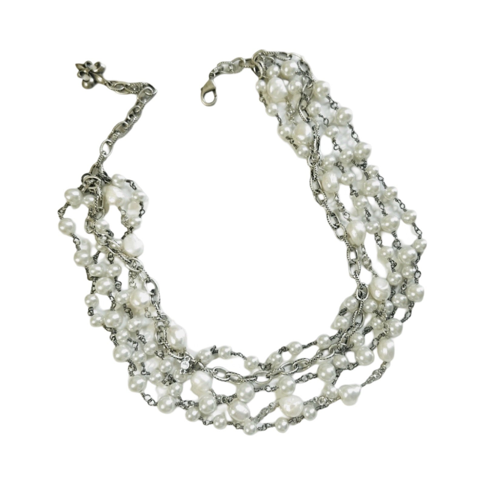 Multi Strand Pearl Necklace in White and Silver Gunmetal