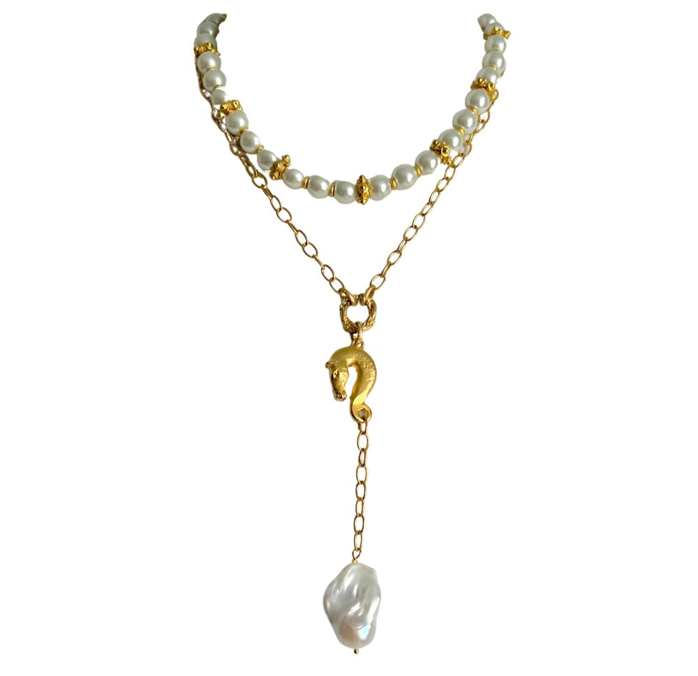 Cheval Gold  Baroque Pearl Lariat Necklace