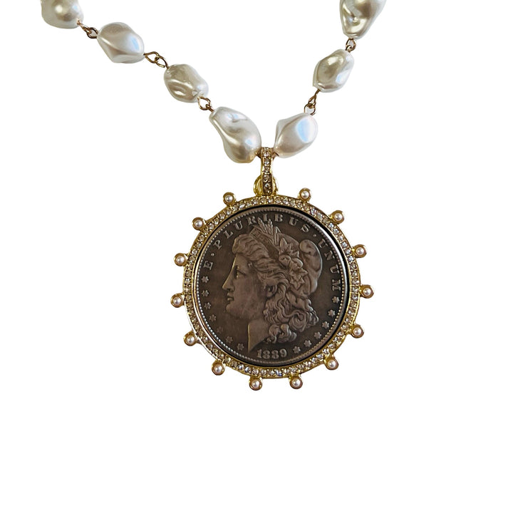 Lady Morgan Coin Necklace with Glass Pearl Chain
