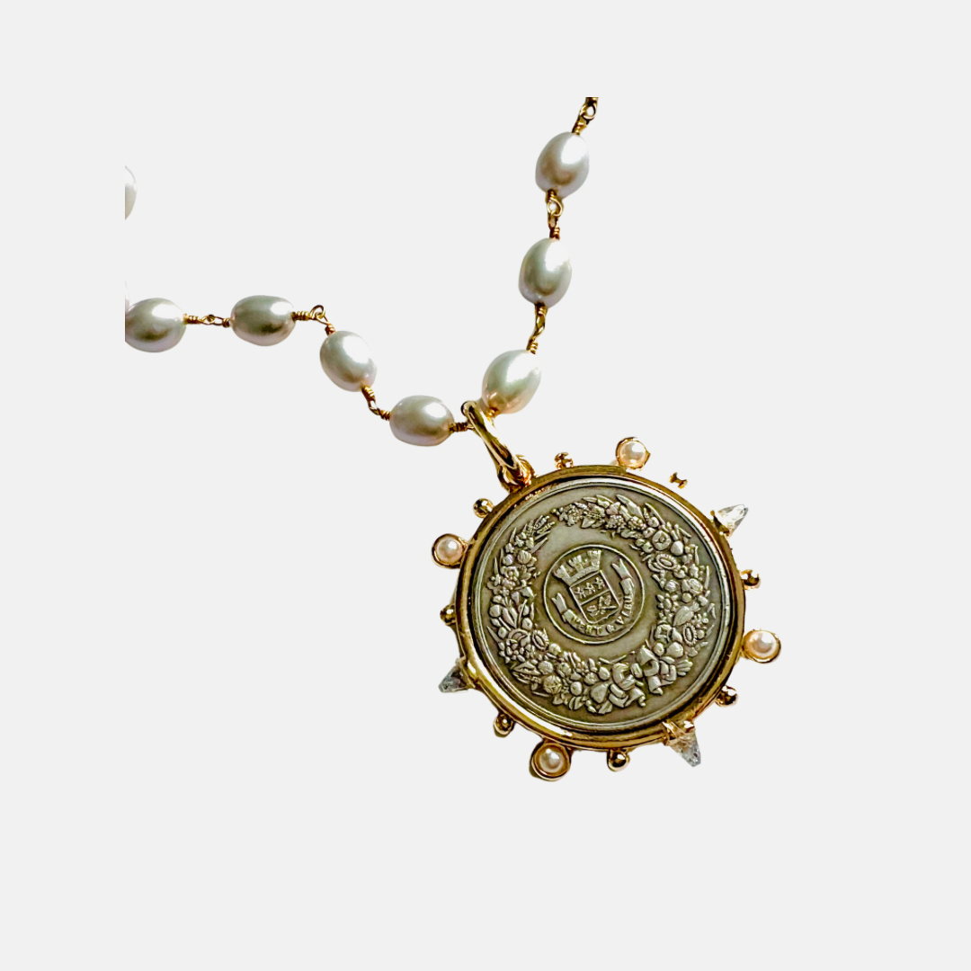 French Crest Coin with Silver Freshwater Pearl Chain