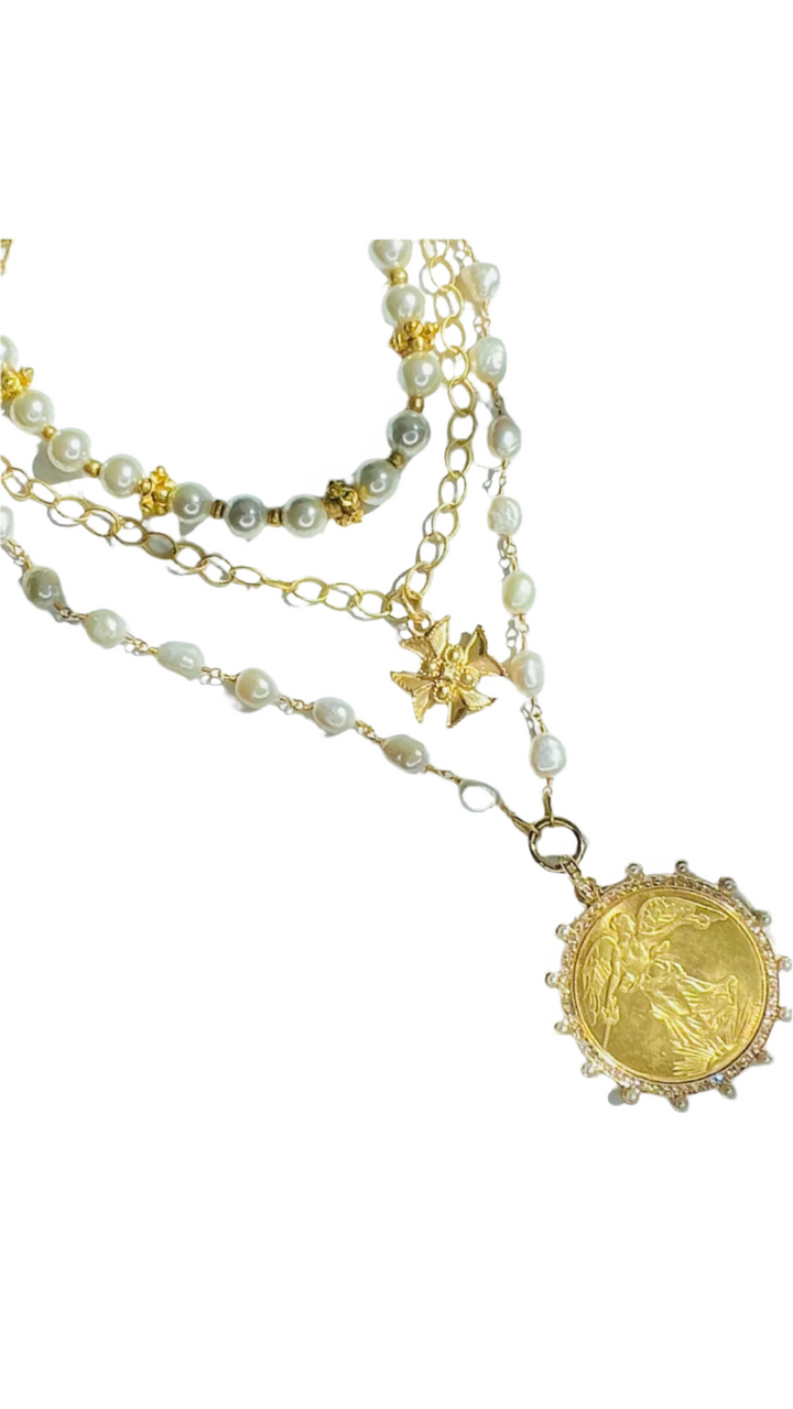 Winged Victoria Gold and Freshwater Pearl Coin Necklace