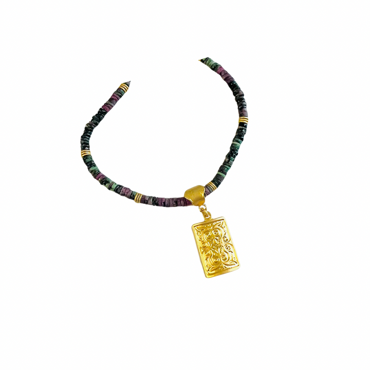 Marrakech Gold, Raw Rubies and Chrysoprase Beaded Necklace