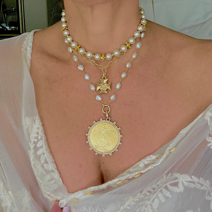 Winged Victoria Gold and Freshwater Pearl Coin Necklace