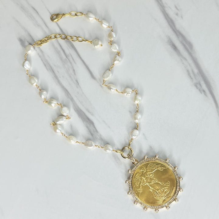 Winged Victoria Gold and Freshwater Pearl Coin Necklace
