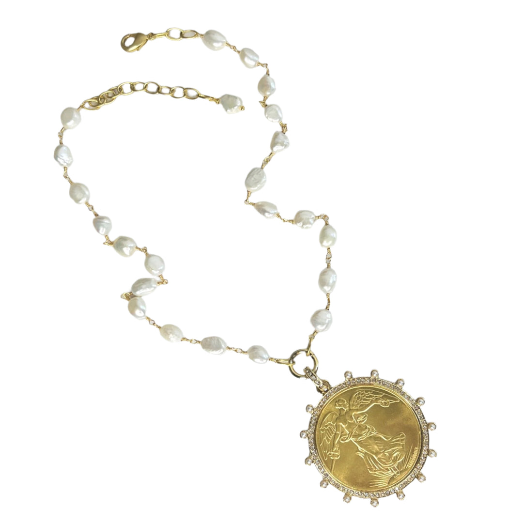 Winged Victoria Gold and Freshwater Pearl Coin Necklace