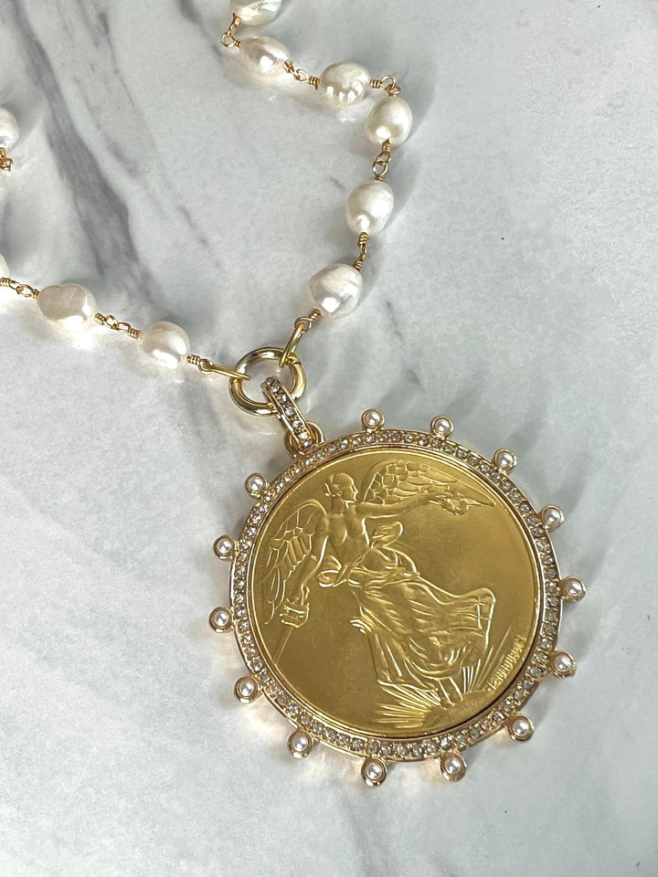 Winged Victoria Gold and Freshwater Pearl Coin Necklace