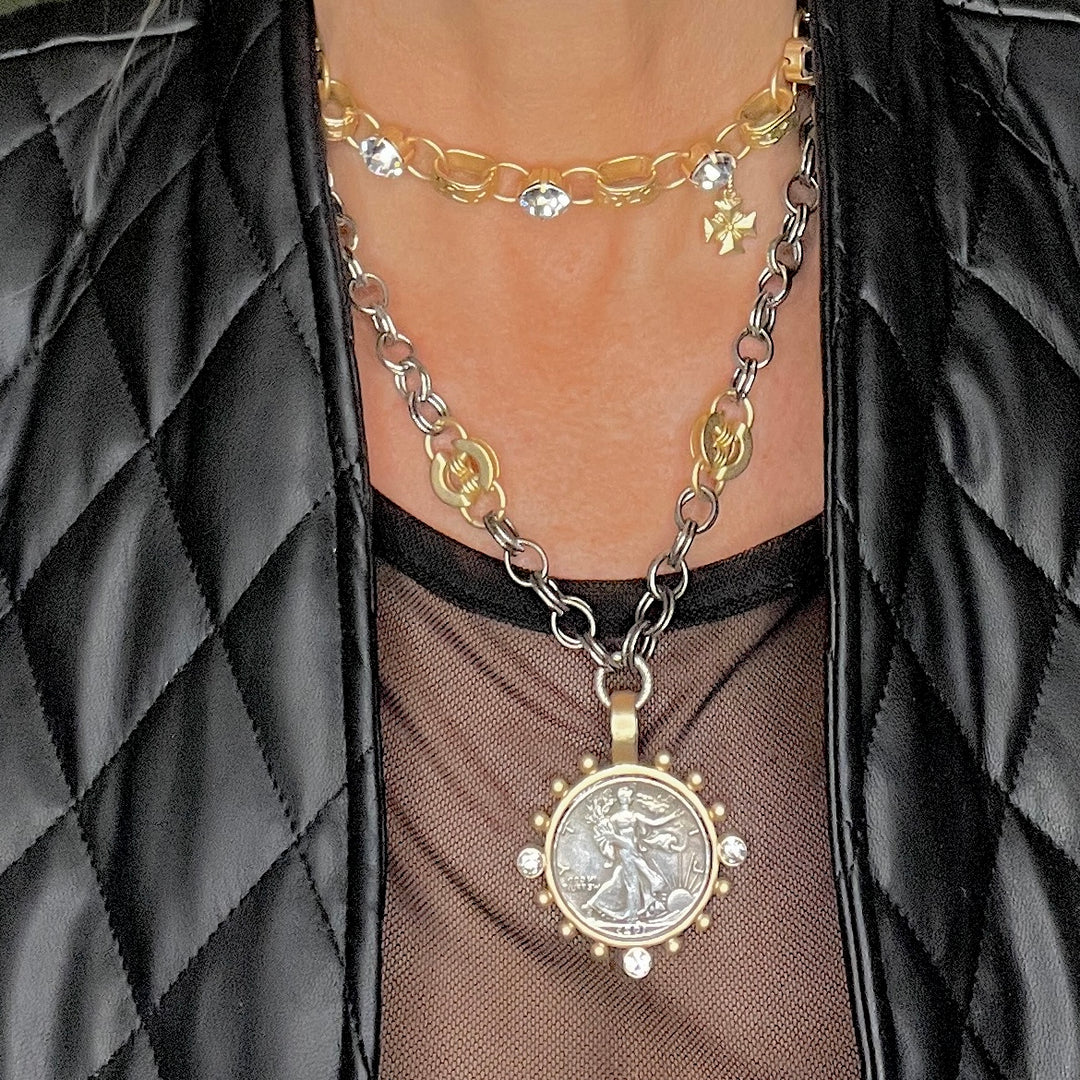 1923 Lady Liberty Matte Gold and Rhodium Coin Pendant Necklace