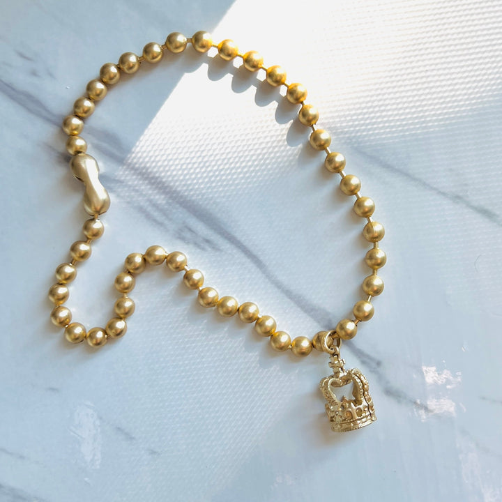 Large Matte Gold Ball Chain Choker with Crown or Templar Cross Pendants
