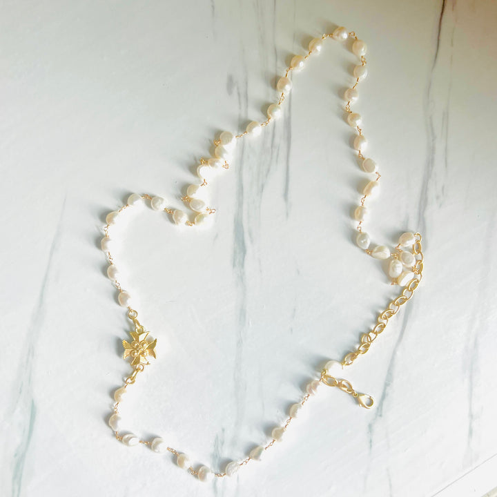Long Fresh Water Pearl and Templar Cross Necklace