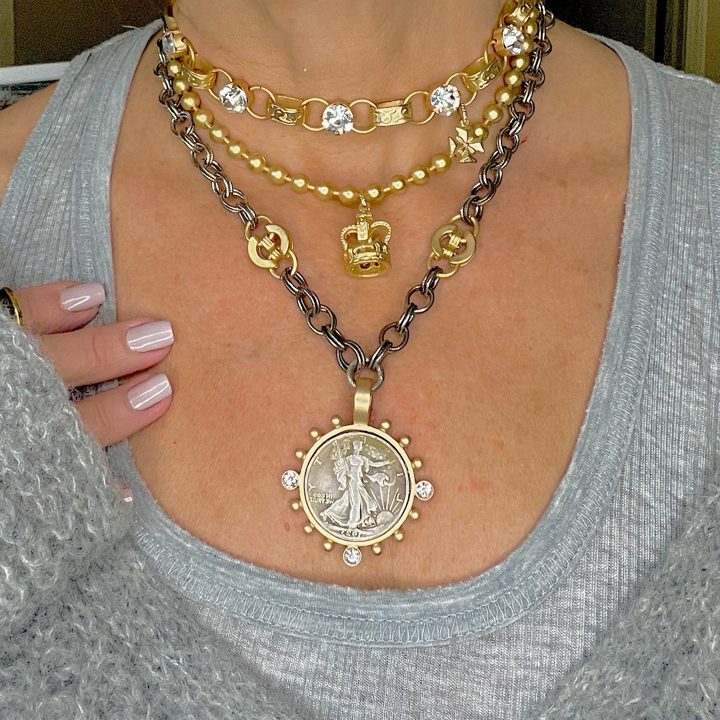 1923 Lady Liberty Matte Gold and Rhodium Coin Pendant Necklace