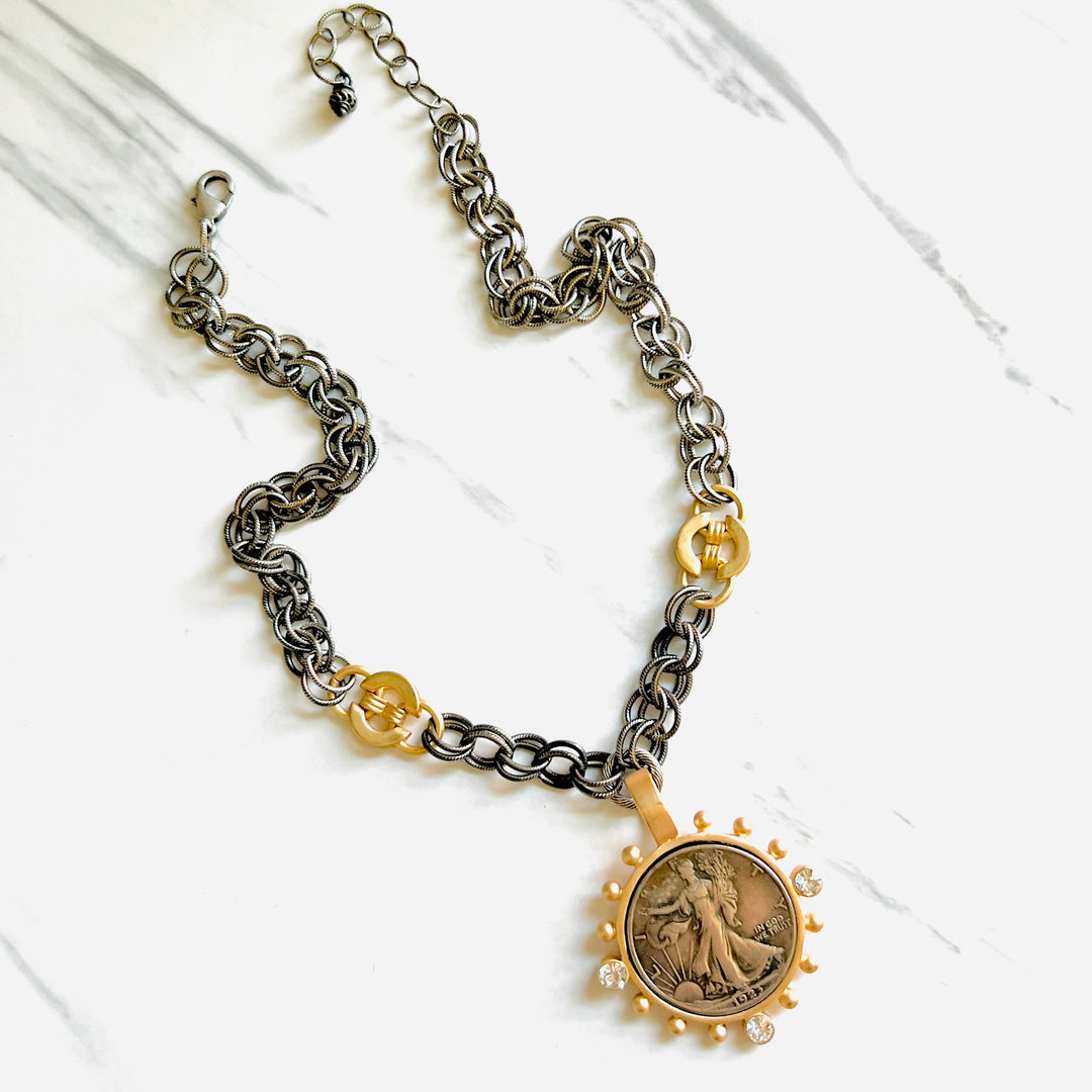 1923 Lady Liberty Matte Gold and Rhodium Coin Pendant Necklace
