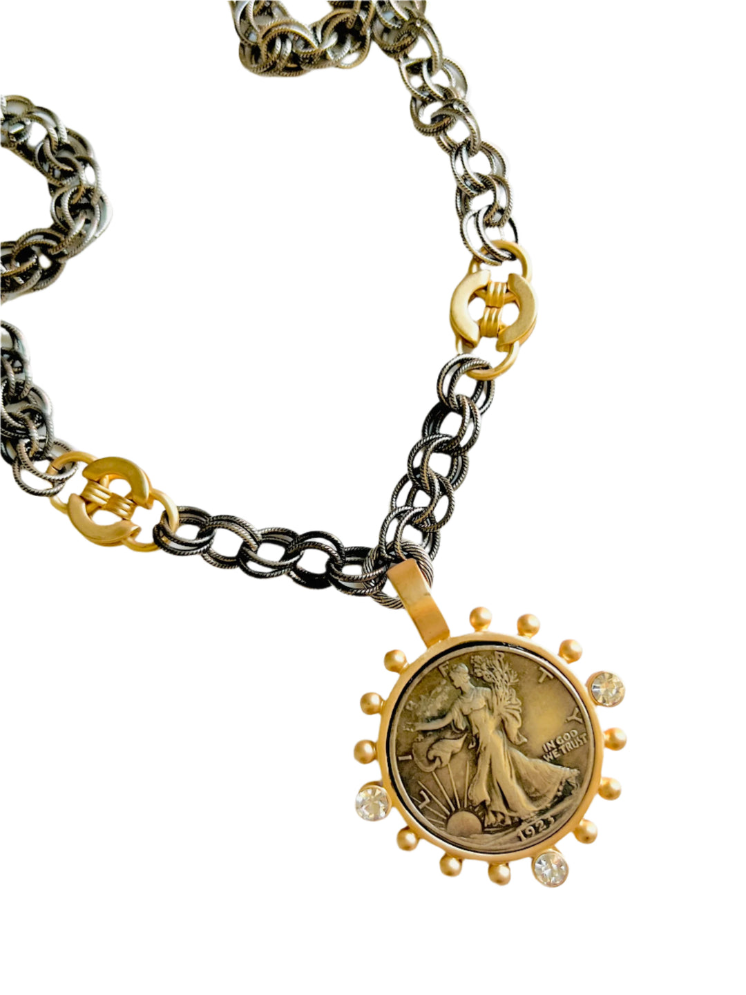 1923 Lady Liberty Matte Gold and Rhodium Coin Pendant Necklace