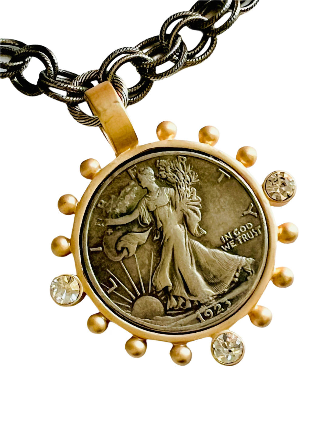 1923 Lady Liberty Matte Gold and Rhodium Coin Pendant Necklace