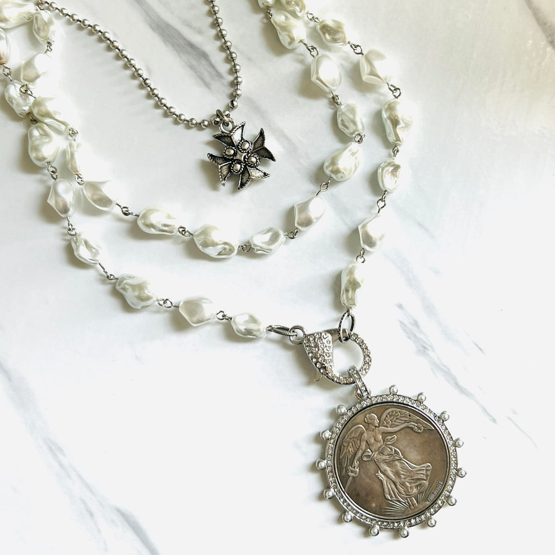 Silver and Pearl Winged Victoria Coin Pendant Necklace