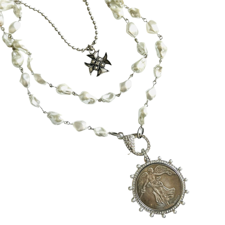 Silver and Pearl Winged Victoria Coin Pendant Necklace