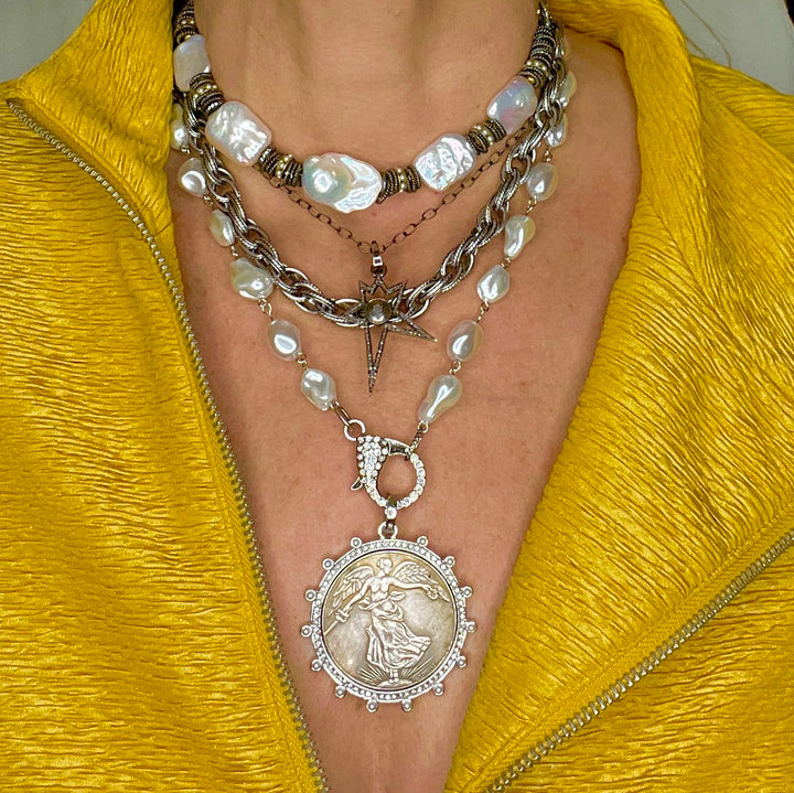 Silver and Pearl Winged Victoria Coin Pendant Necklace