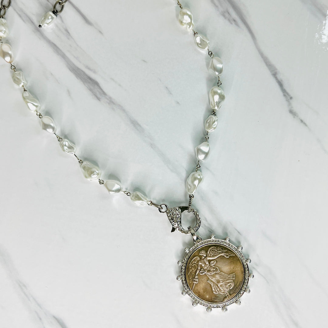 Silver and Pearl Winged Victoria Coin Pendant Necklace