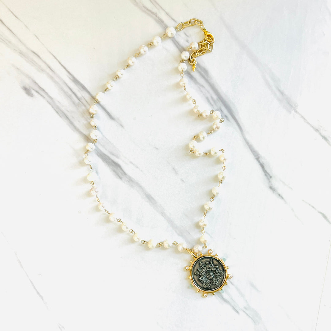 Le Monde Long French Coin and Freshwater Pearl Necklace