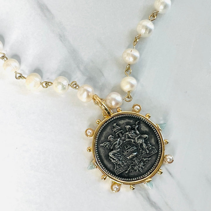 Le Monde Long French Coin and Freshwater Pearl Necklace