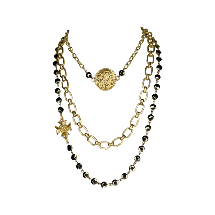 Helios Hematite and Gold Pendant Medallion Necklace