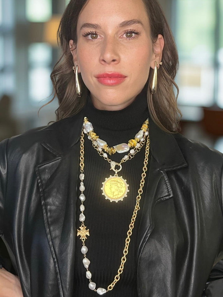 Madison Gold and Pearl Templar Cross Necklace