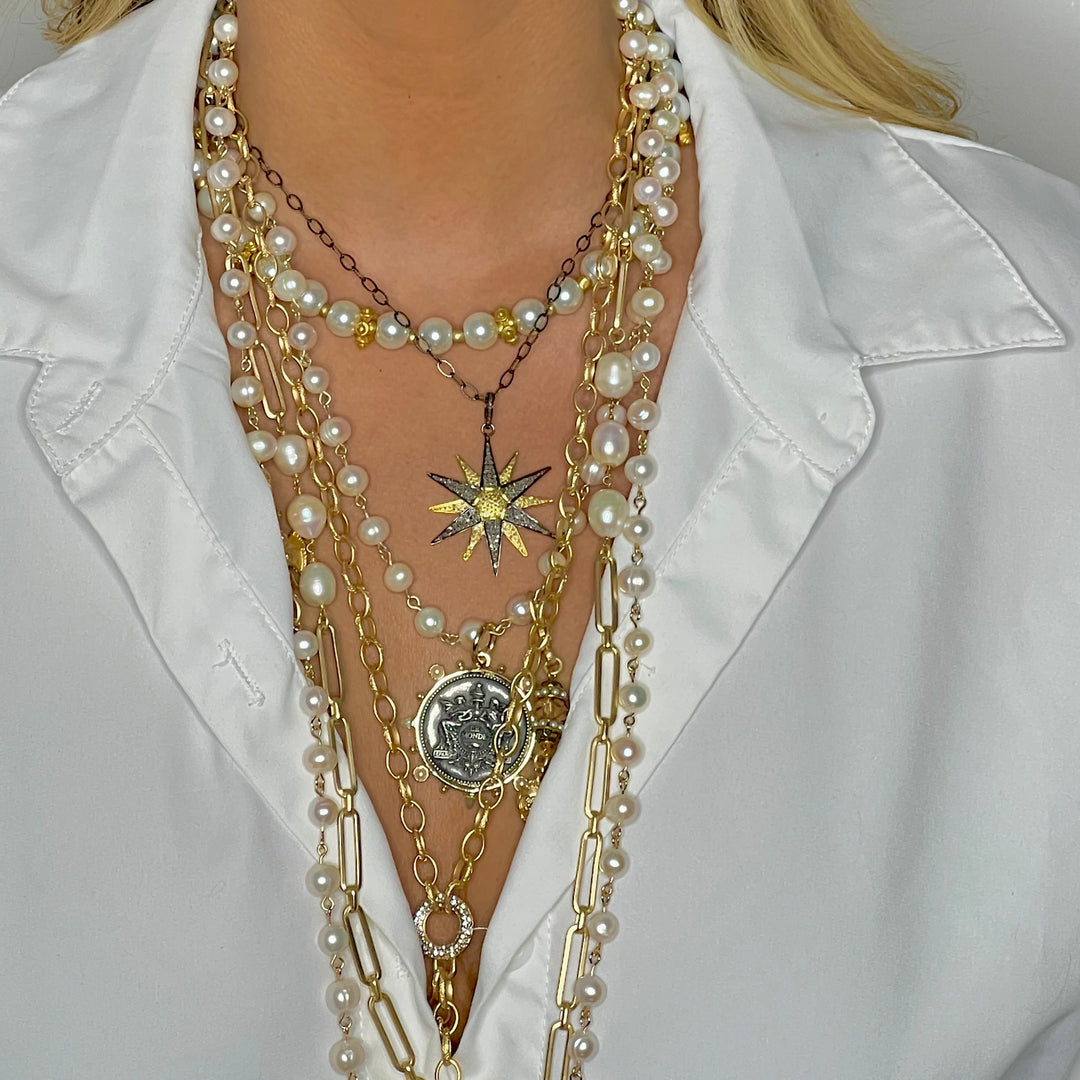 Le Monde Long French Coin and Freshwater Pearl Necklace