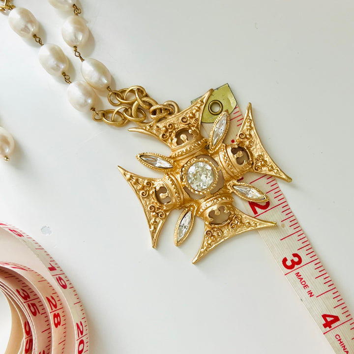 Charlemagne Champagne Gold, Pearl, and Crystal Cross Necklace