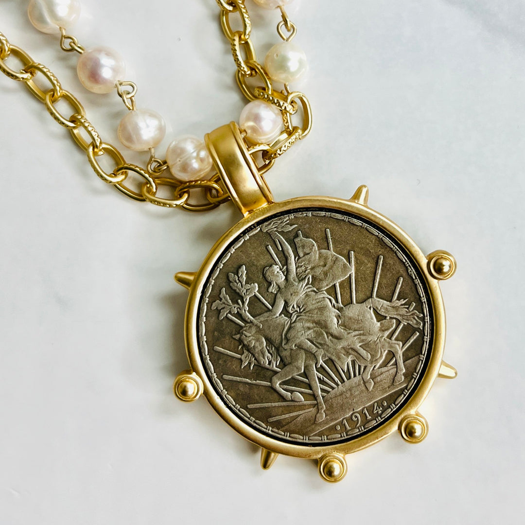 La Victoire Large Coin Pendant with Gold Chain and Freshwater Pearl Necklace