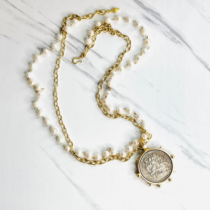 La Victoire Large Coin Pendant with Gold Chain and Freshwater Pearl Necklace