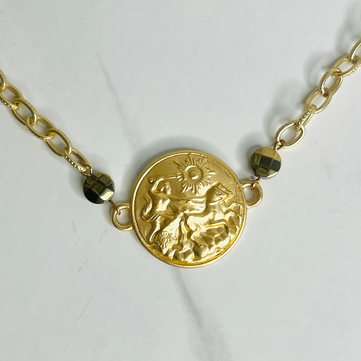 Helios Hematite and Gold Pendant Medallion Necklace