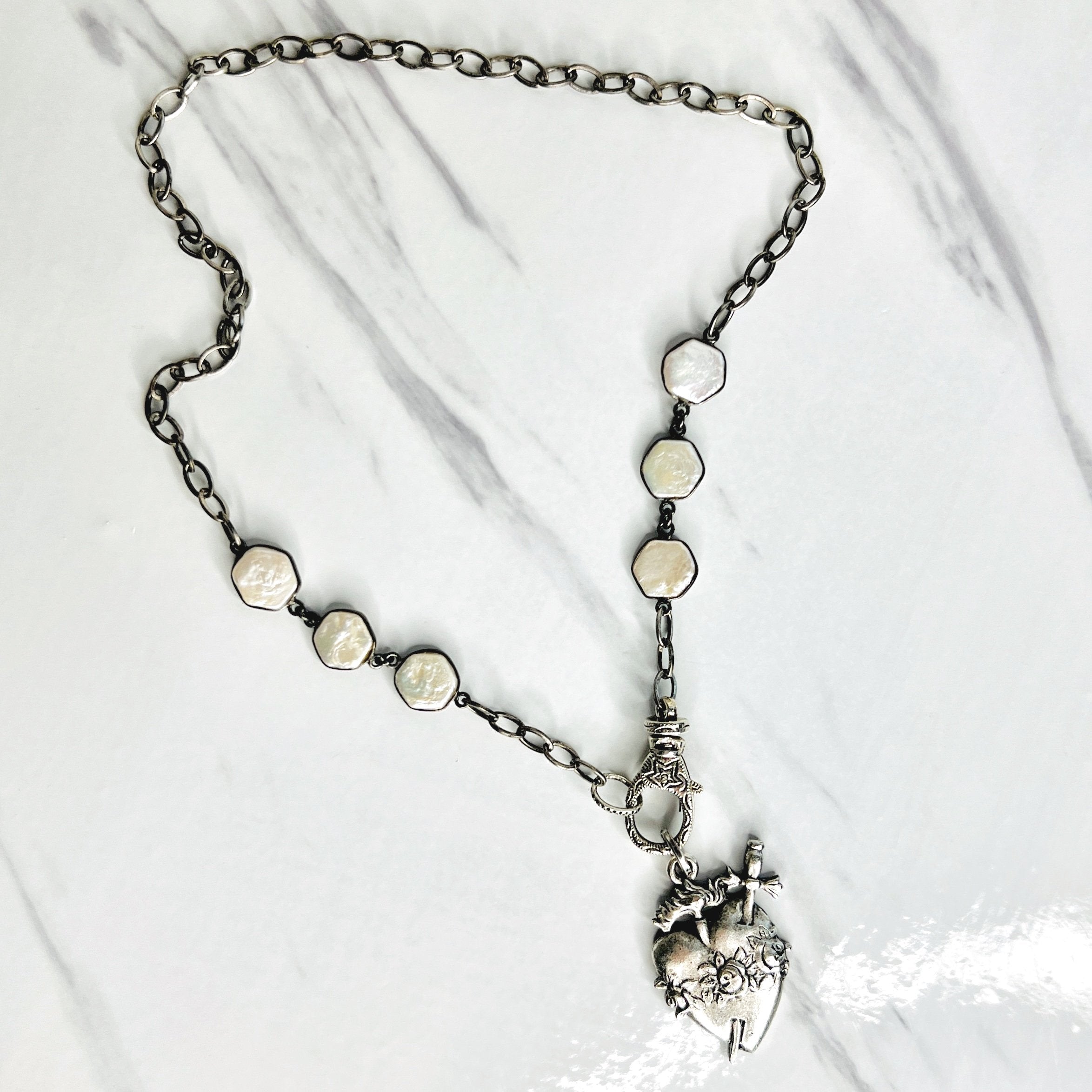 Pearl and Silver Ex Voto Heart Pendant Necklace