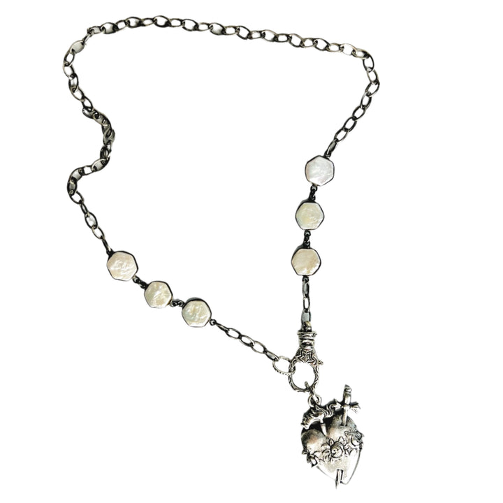 Pearl and Silver Ex Voto Heart Pendant Necklace