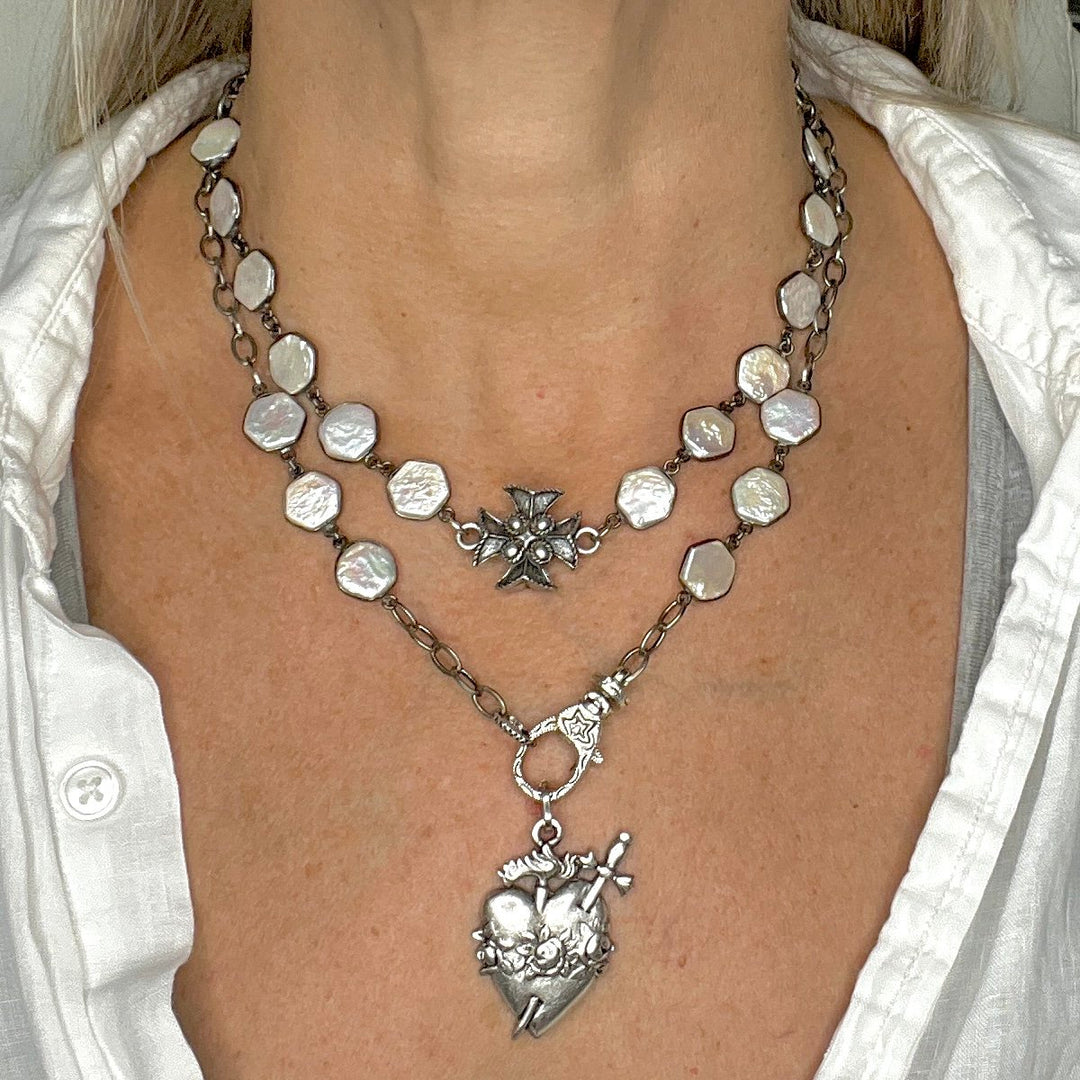 Pearl and Silver Ex Voto Heart Pendant Necklace