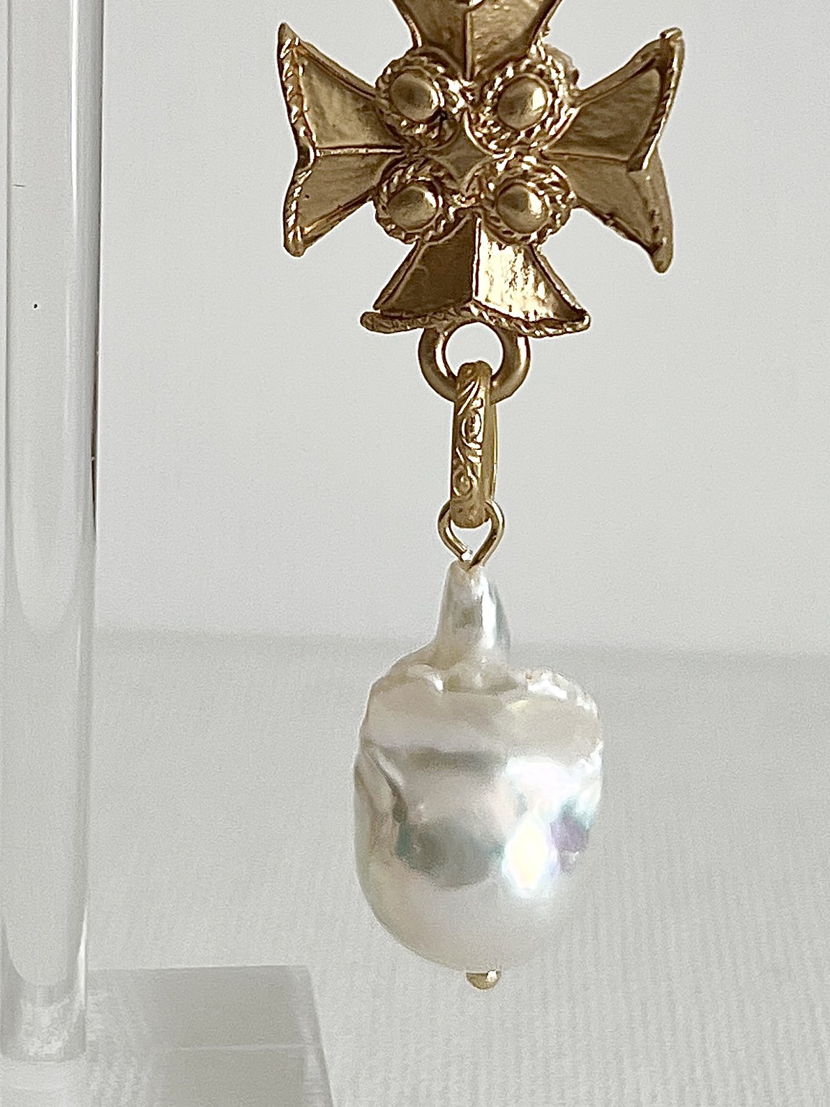 White Baroque Pearl and Templar Cross Earrings