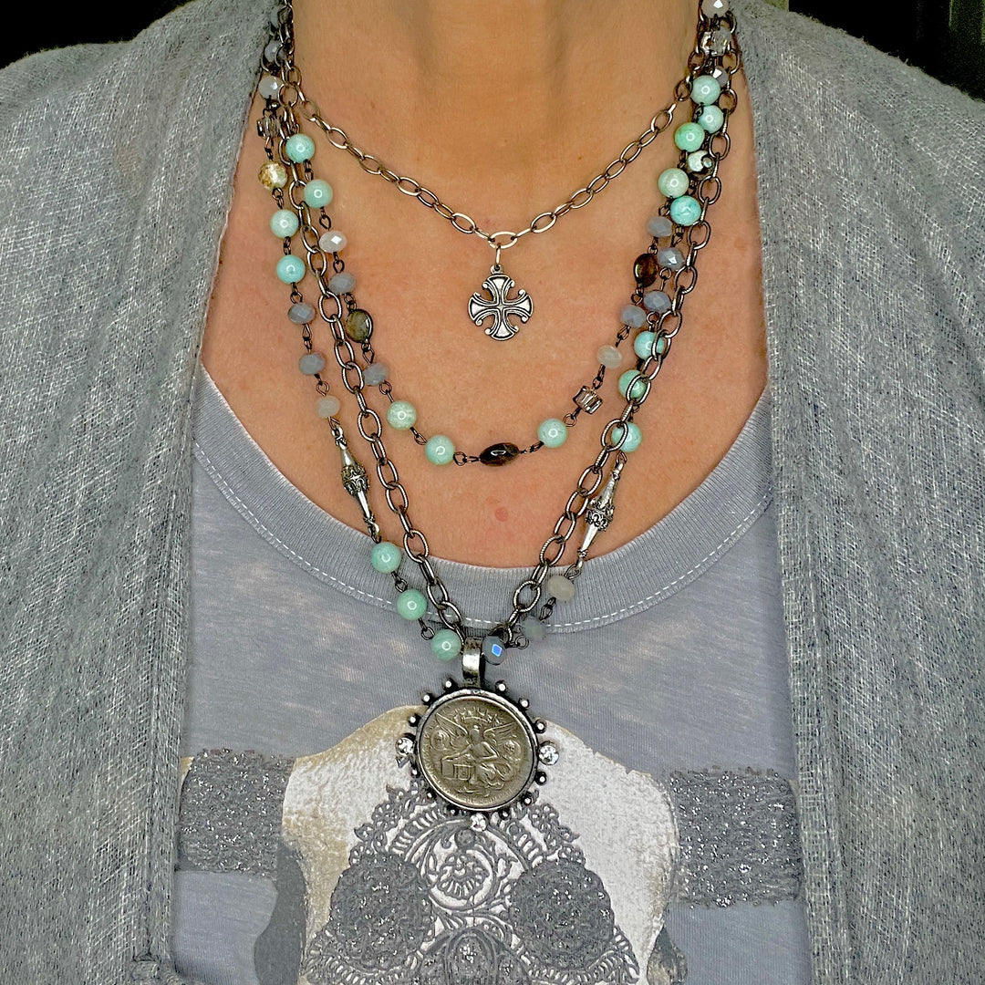 The Aiden Alamo Turquoise and Crystal Silver Coin Necklace