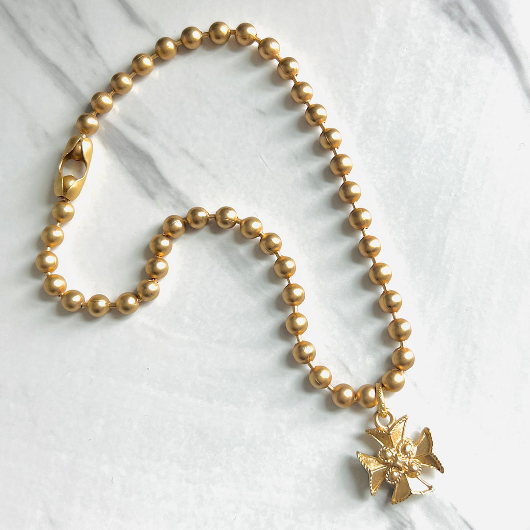 Large Matte Gold Ball Chain Choker with Crown or Templar Cross Pendants