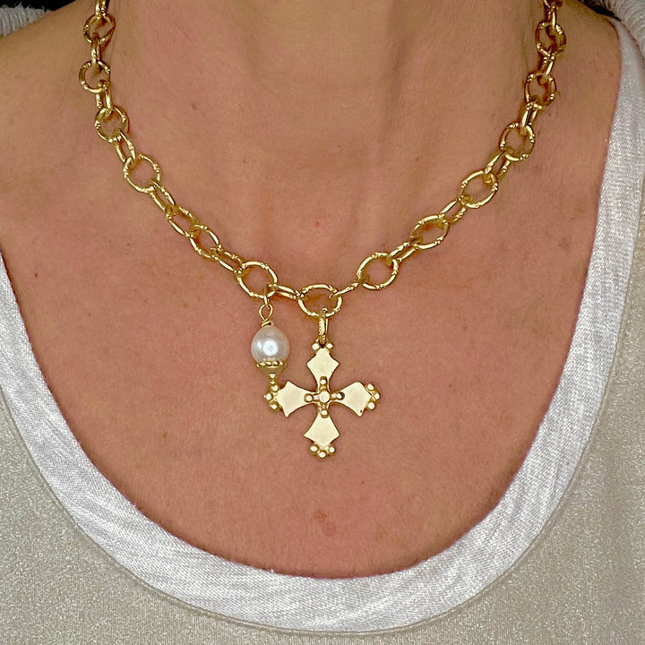 Cara Champagne Gold Cross and Pearl Necklace