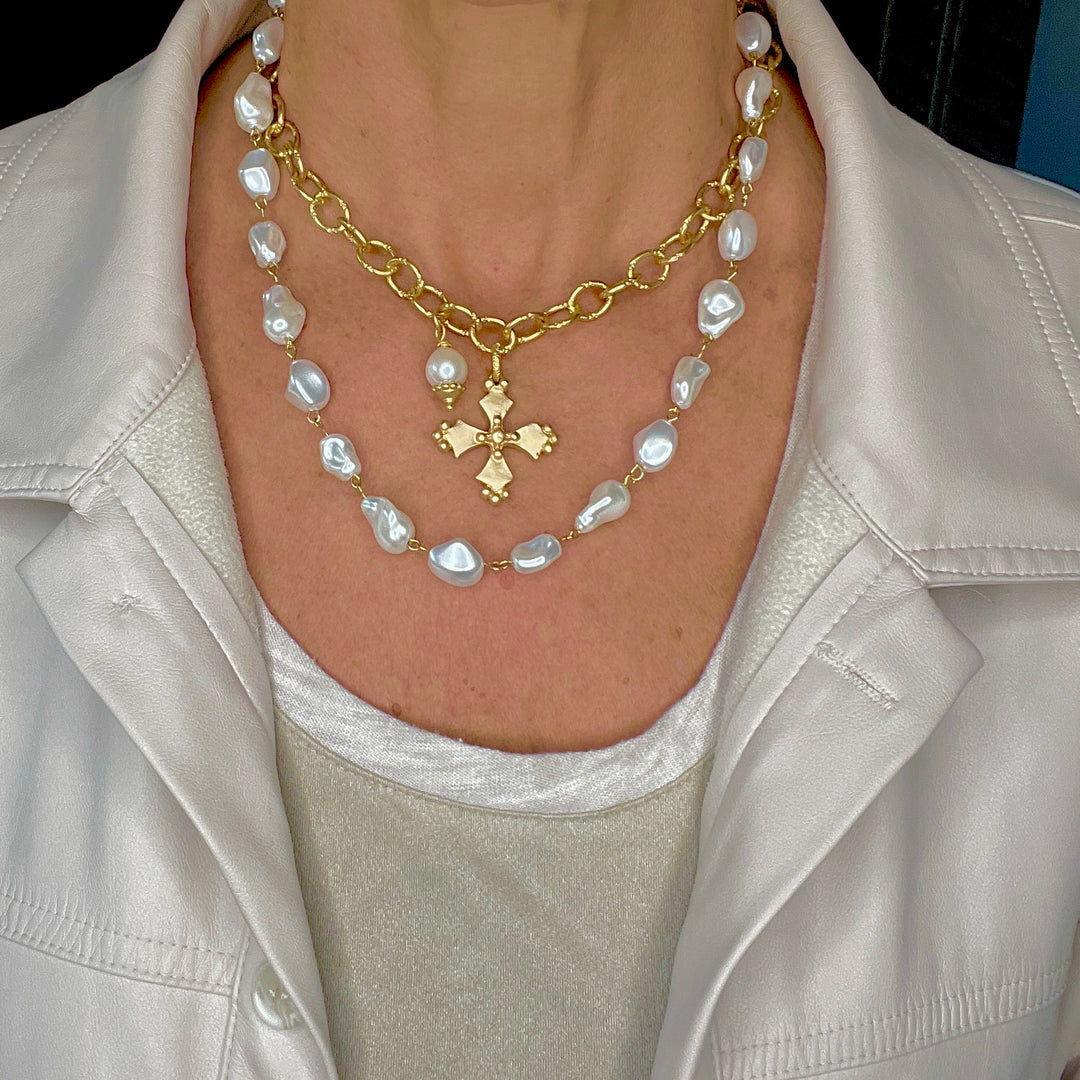 Cara Champagne Gold Cross and Pearl Necklace