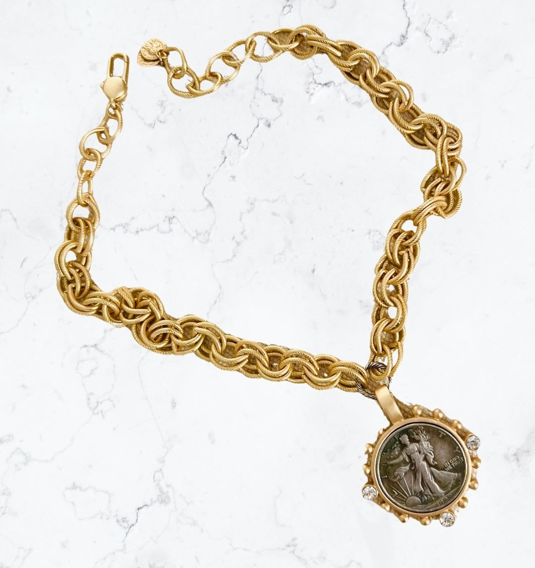 1929 Liberty Coin Pendant with Double Link Gold Chain