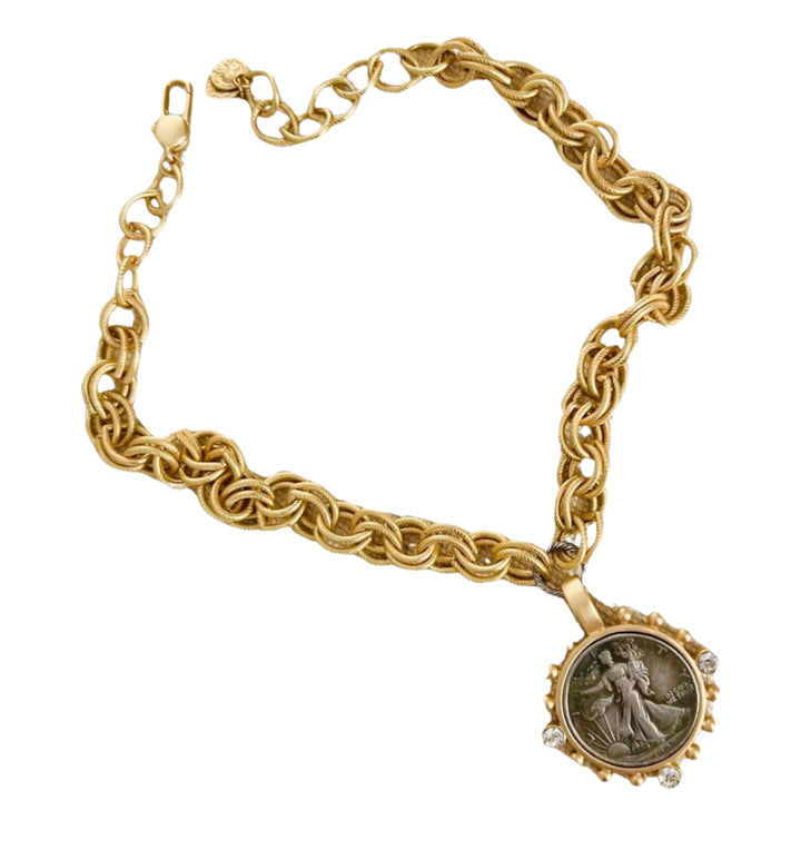 Gold and Crystal  Liberty Coin Pendant with Double Link Gold Chain